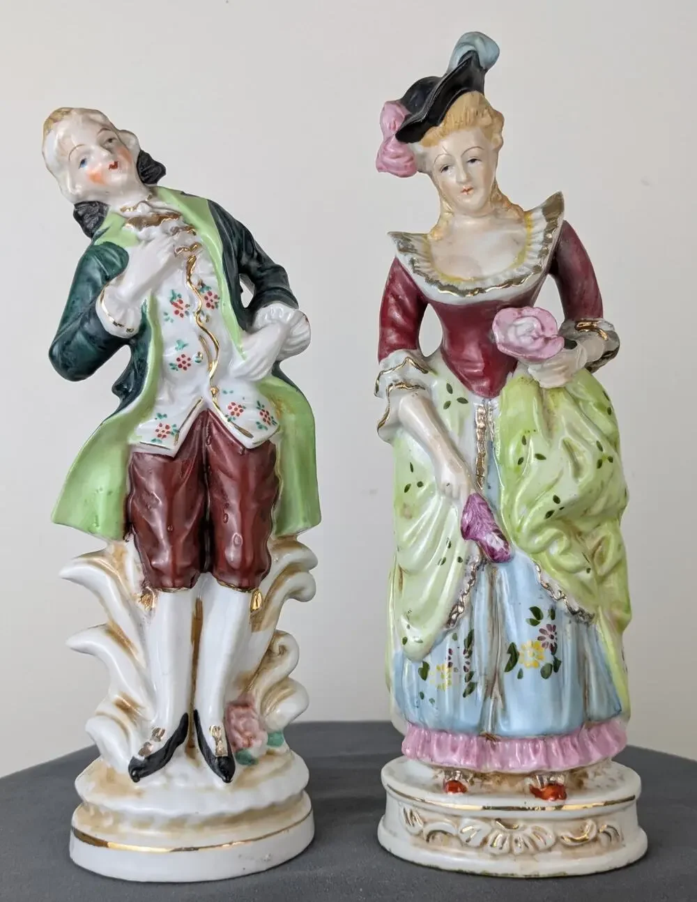 1950s Vintage Japan Victorian Couple Figurines Man Woman Hand Painted Porcelain